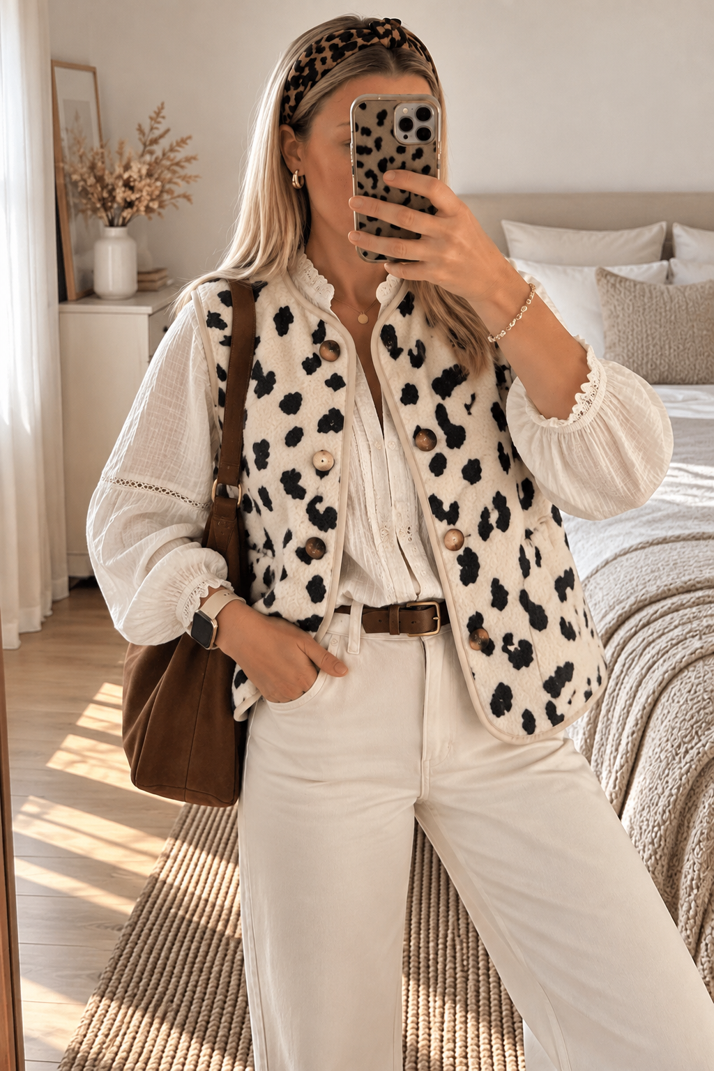 Gilet teddy sans manche léopard