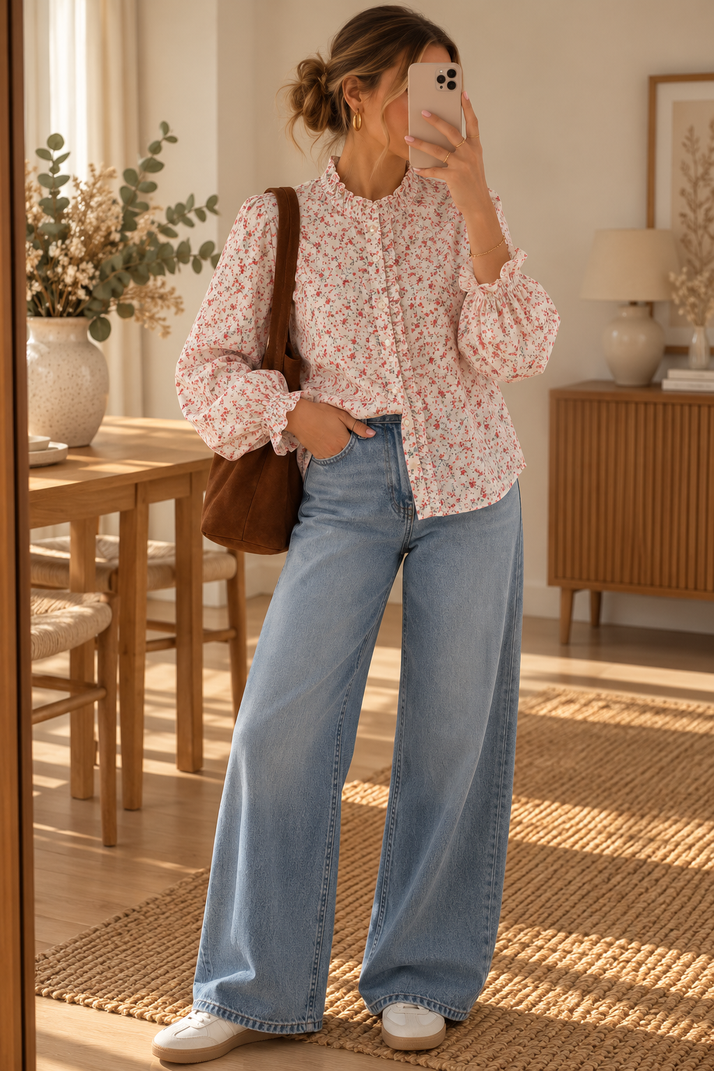 Chemise Lucia – Écru et imprimé floral rouge
