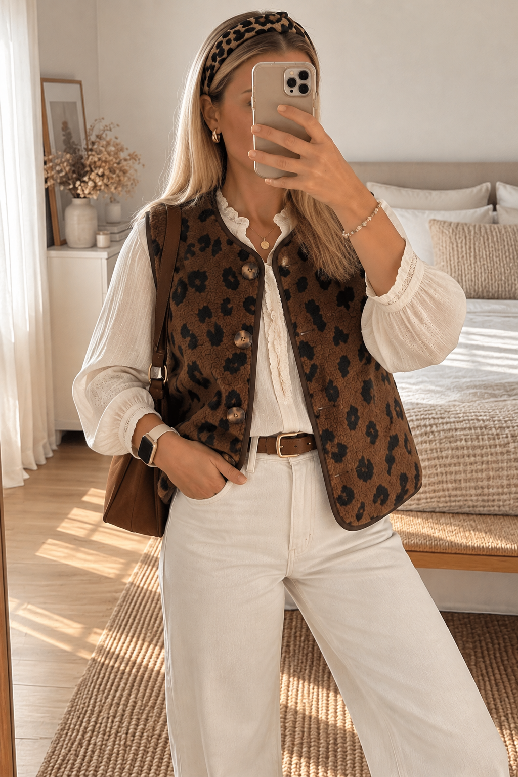 Gilet teddy sans manche léopard