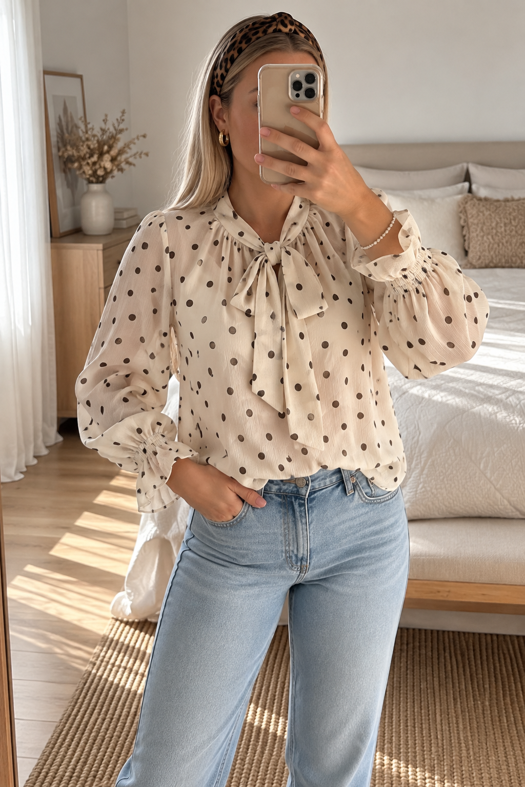 Blouse à pois col noué crème