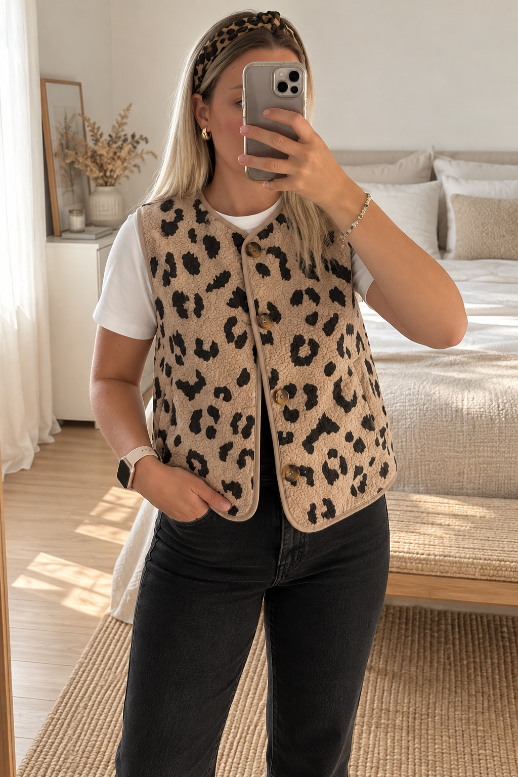 Gilet teddy sans manche léopard