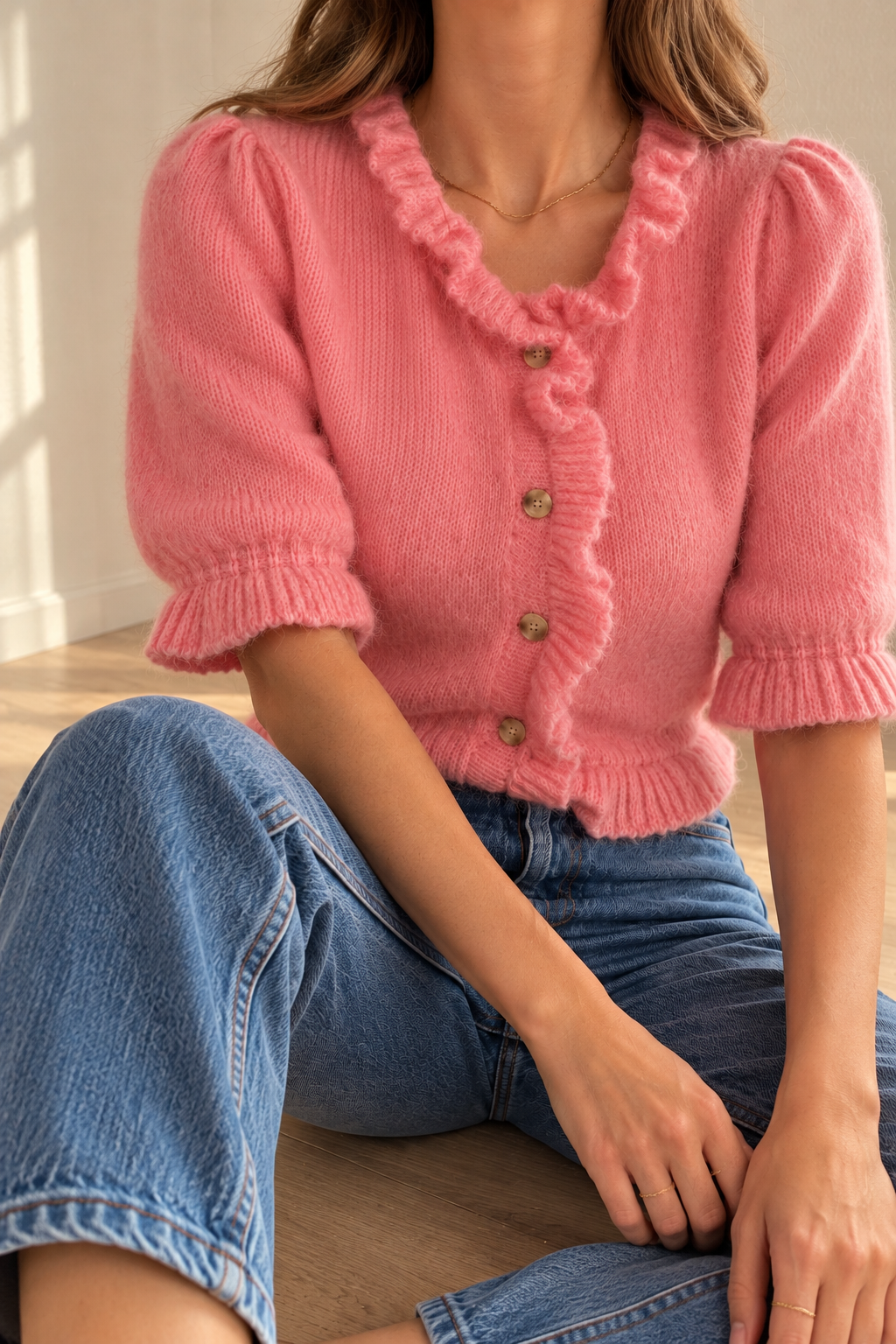 Maille Améa – Rose et finitions volantées – photo portée, lumière naturelle