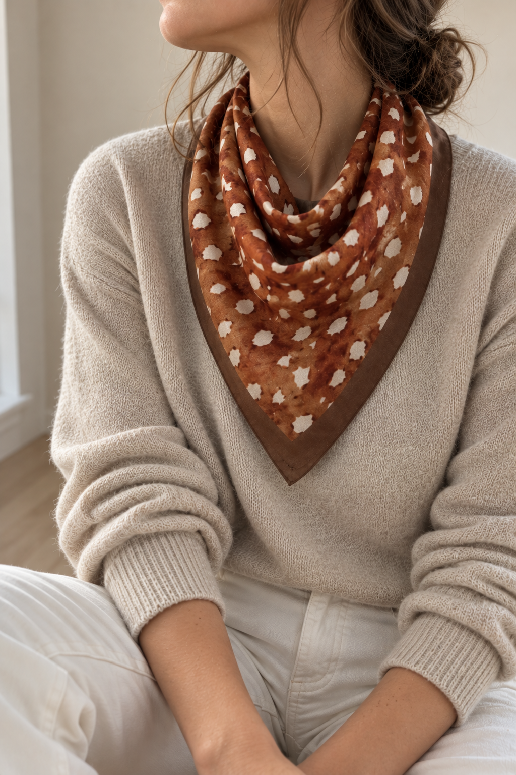 Foulard Bambi – Cognac à motif animalier – photo portée, lumière naturelle