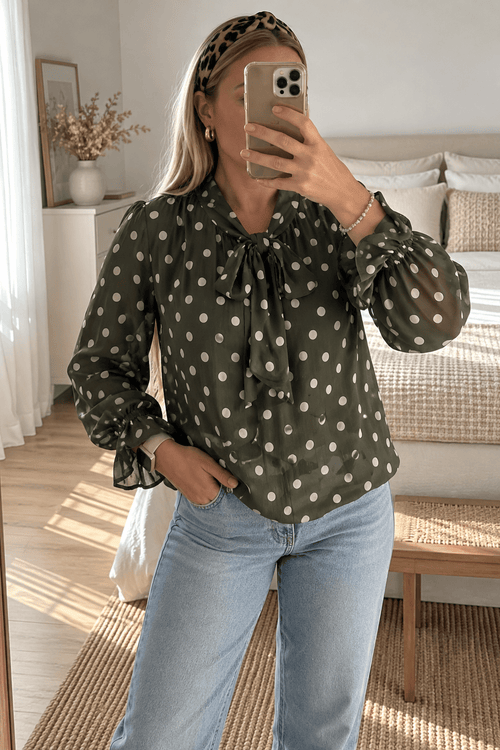 Blouse à pois col noué kaki - L'atelier d'Alice
