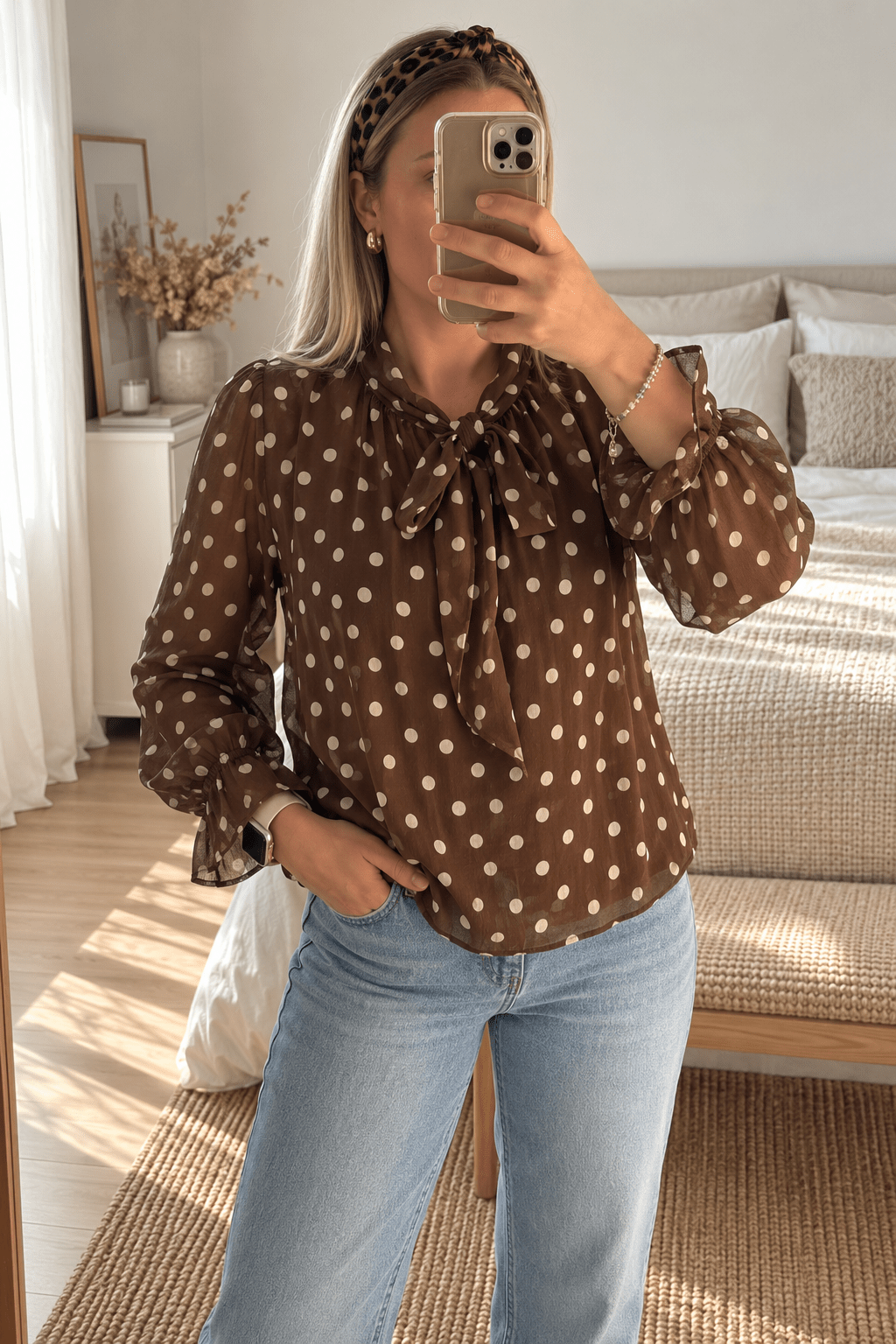 Blouse à pois col noué marron - L'atelier d'Alice