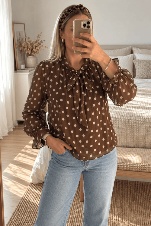 Blouse à pois col noué marron - L'atelier d'Alice