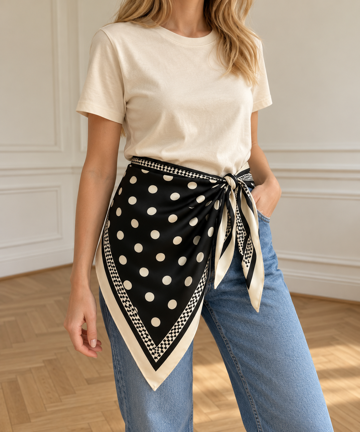 Foulard noir à pois écrus porté – à la taille