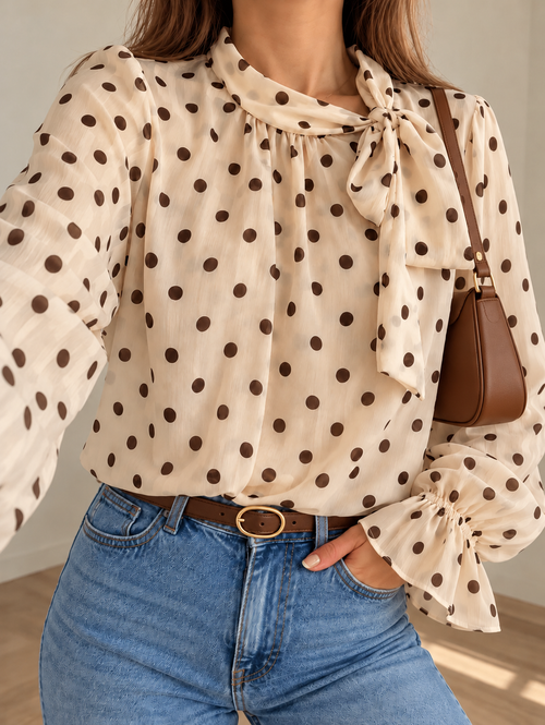 Blouse à pois – col noué crème — look accessoirisé