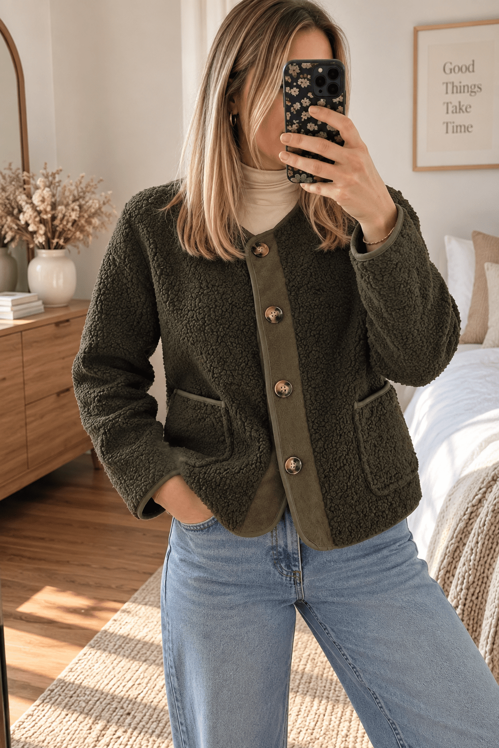 Veste sherpa douce kaki - L'atelier d'Alice